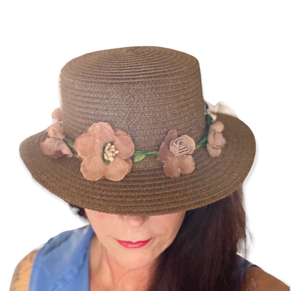 Brown Floral Lace Ribbon Band Summer Straw Sun Hat NEW